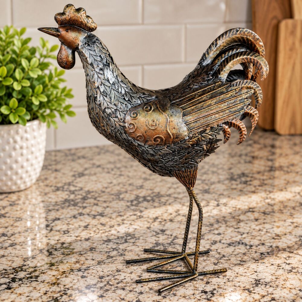 Large Metal Rooster Sculpture 20" Rustic Farmhouse Freestanding Chicken Decor